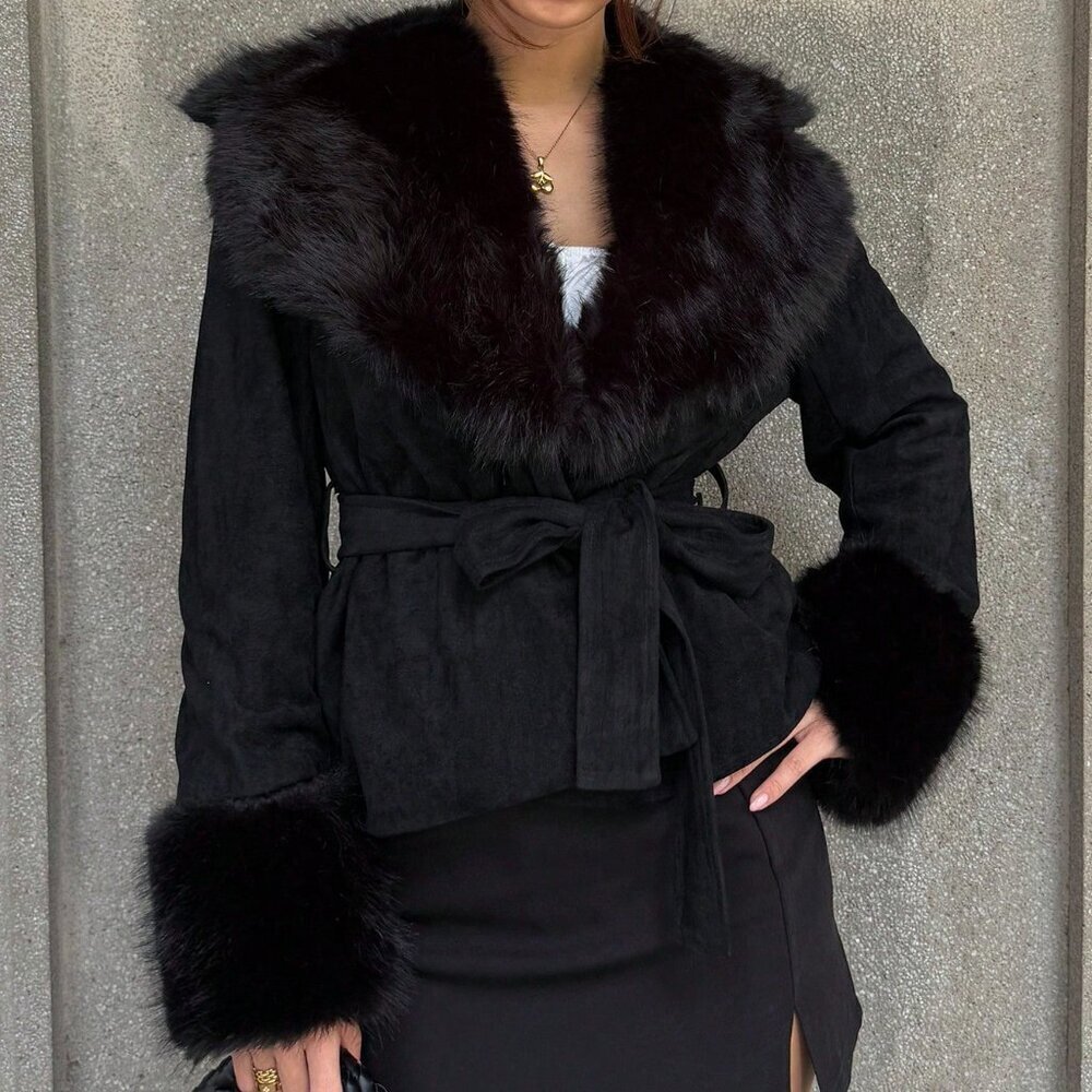 Black Party Women's Lapel Patchwork Faux Fur Cinched Waist Slim Fit Jacket - Picture 5 of 6
